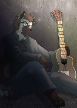 acoustic_guitar anthro biped brown_hair claws clothed clothing eyebrows eyewear fingers glasses guitar hair male musical_instrument plucked_string_instrument smile solo string_instrument tail munkeesgomu hyena mammal hi_res
