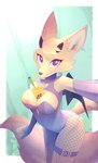 anthro areola armwear beverage breasts bubble_tea clothing eyelashes female fingers hair looking_at_viewer nipples purple_eyes smile solo b-epon canid canine mammal 2023 digital_media_(artwork) hi_res