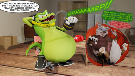 abdominal_bulge annoyed anthro black_clothing black_footwear black_shoes black_sneakers bottomwear burping chain cloak clothing cutaway dialogue duo electronics footwear fur gloves gold_(metal) gold_chain green_body green_scales grey_body grey_fur hand_behind_head handwear headphones internal male pants red_eyes scales sickle smug speech_bubble text unwilling_prey vore white_clothing white_gloves white_handwear yellow_eyes vorefan16 dreamworks puss_in_boots_(franchise) sega sonic_the_hedgehog_(series) death_(puss_in_boots) vector_the_crocodile canid canine canis crocodile crocodilian mammal reptile scalie wolf 16:9 2025 3d_(artwork) digital_media_(artwork) english_text hi_res spanish_text widescreen