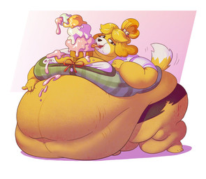 accessory anthro bell bell_accessory belly belly_overhang big_belly big_breasts black_bottomwear black_clothing black_eyes black_nose black_skirt blonde_hair bottomwear breasts buckteeth chubby_cheeks clothing dessert dipstick_tail eating eating_food eyelashes female food green_clothing green_topwear green_vest hair hair_accessory hairband huge_belly huge_breasts huge_thighs hyper hyper_belly hyper_breasts hyper_thighs ice_cream licking_ice_cream looking_at_viewer markings morbidly_obese morbidly_obese_anthro morbidly_obese_female motion_lines obese obese_anthro obese_female open_mouth open_smile overweight overweight_anthro overweight_female red_hairband red_mouth red_tongue shirt simple_background skirt smile smiling_at_viewer solo stretch_marks tail tail_markings teeth thick_thighs tongue tongue_out topwear torn_bottomwear torn_clothing torn_skirt vest weight_gain white_background white_clothing white_shirt white_tail_tip white_topwear yellow_body yellow_ears yellow_tail daddyzagur animal_crossing nintendo isabelle_(animal_crossing) canid canine canis domestic_dog mammal shih_tzu toy_dog 2026 colored digital_media_(artwork) shaded