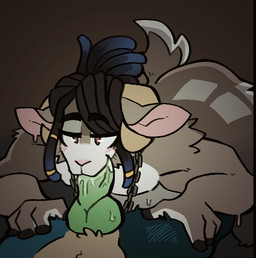 anthro bodily_fluids dreadlocks duo fellatio fur genitals green_hair green_penis grey_body grey_fur hair horn knot male male/male male_penetrated male_penetrating male_penetrating_male oral penetration penile penis saliva saliva_on_penis sex short_tail tail polarfoxpat baji_(morobox) grellsaghost bovid canid canine caprine fox goat humanoid mammal comic