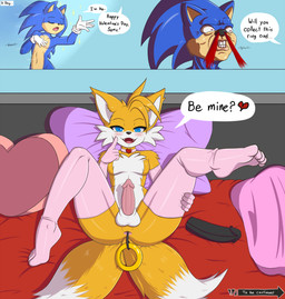 anthro bed bedroom_eyes blood blue_body blue_eyes blue_fur blush bodily_fluids buttplug clothing cute_fangs dialogue dildo disguise duo fangs femboy footwear fur furniture gloves handwear heart_eyes heart_symbol knee_highs knee_socks legwear male narrowed_eyes nosebleed on_bed pink_clothing pink_gloves pink_handwear pink_knee_socks plug_(sex_toy) seductive sex_toy socks speech_bubble spread_legs spreading teeth text white_clothing white_gloves white_handwear yellow_body yellow_fur enokitake sega sonic_the_hedgehog_(series) miles_prower sonic_the_hedgehog canid canine eulipotyphlan fox hedgehog mammal 2020 colored english_text hi_res