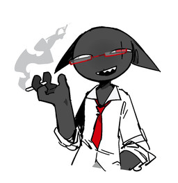 4_fingers accessory anthro biped black_body black_fur cigarette clothing electronics eye_scar eyewear facial_scar fingers fur glasses holding_object necktie open_mouth open_smile phone red_eyes red_eyewear red_glasses red_necktie scar sharp_teeth simple_background smile solo teeth toony white_background carbontrioxide mewgenics zodiac_(mewgenics) domestic_cat felid feline felis mammal 2026 digital_media_(artwork)