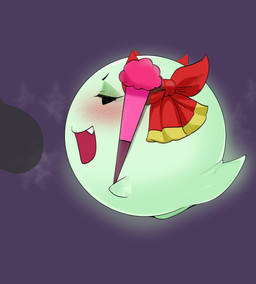 black_eyes blush bow_ribbon duo female folding_fan genitals green_body half-closed_eyes hand_fan male narrowed_eyes not_furry open_mouth penis vulva mdthetest mario_bros nintendo paper_mario lady_bow boo_(mario) ghost spirit hi_res