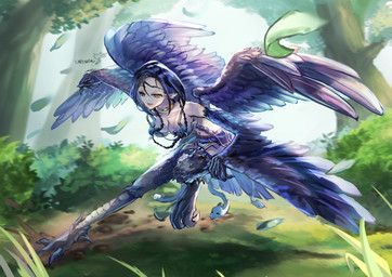 4_wings avian_feet back_wings black_body black_feathers black_hair bottomwear breasts clothed clothed_female clothing feathers female grass hair jewelry light_body light_skin multi_wing navel necklace outside plant pointy_ears skirt solo tail tail_feathers topwear tree winged_arms wings yellow_eyes vezusnake european_mythology greek_mythology mythology animal_humanoid avian harpy humanoid mythological_avian mythological_creature absurd_res hi_res