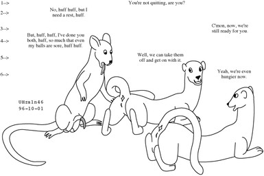 anus balls dialogue exhausted female feral flaccid genitals group male male/female nude nude_male penis presenting spent tail text tongue tongue_out toony trio vulva urbanhermit mammal murid murine mustelid musteline rat rodent true_musteline weasel 1996 black_and_white dated english_text monochrome