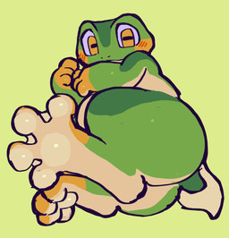 4_toes ambiguous_anthro ambiguous_gender anthro big_butt big_eyes blush butt cheek_spots countershade_butt countershade_feet countershade_legs countershade_torso countershading digitigrade feet fidgeting foot_focus green_body green_skin hands_together horizontal_pupils lying membrane_(anatomy) membranous_tail multicolored_body multicolored_skin nude on_side overweight overweight_ambiguous overweight_anthro pose pupils short_tail solo tail thick_thighs toes two_tone_body two_tone_skin webbed_feet yellow_cheeks yellow_eyes yellow_feet yellow_hands serafphim charlie_(serafphim) amphibian frog 2026 hi_res pinup shaded simple_shading male_(lore)