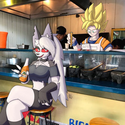 anthro apron beverage black_body black_fur black_nose bottle bottomwear claws clothing collar container drinking duo ear_piercing ear_ring eyelashes eyeshadow female fingerless_gloves food fur furniture gloves hair handwear harness humor inside long_hair makeup male messy_hair multicolored_body multicolored_fur notched_ear notebook occult_symbol open_mouth pencil pentagram pentagram_harness piercing real red_sclera restaurant ring_piercing shorts sitting spiked_collar spikes stool symbol white_body white_fur white_hair arzy_parzy dragon_ball dragon_ball_z hellaverse helluva_boss jarritos loona_in_mexico mythology toei_animation goku loona_(helluva_boss) canid canid_demon canine demon hellhound human humanoid mammal mythological_canine mythological_creature saiyan hi_res meme mixed_media