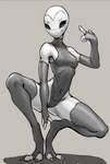 3_fingers black_sclera clothing crouching female fingers grey_body grey_skin leotard not_furry slim_female slim_humanoid solo mythrava alien alien_humanoid humanoid roswell_grey grey absurd_res hi_res