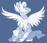 belt blindfold claws crouching feathered_wings feathers male solo tail wings crasherbird bandai_namco digimon digimon_(species) gargoyle gargoylemon blue_and_white low_res monochrome