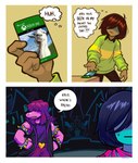 4_fingers anthro armband bracelet dialogue duo female fingers game_cover humor jewelry male purple_body speech_bubble spiked_armband spiked_bracelet spikes text thought_bubble angusburgers coffee_stain_studios deltarune goat_simulator microsoft undertale_(series) xbox xbox_game_studios xbox_one kris_(deltarune) susie_(deltarune) bovid caprine dinosaur goat human mammal prehistoric_species reptile scalie 2022 absurd_res comic english_text hi_res