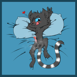 animal_genitalia animal_penis anthro balls biped black_body black_eyes black_fur black_nose blue_border blue_sclera border cheek_tuft erection facial_tuft fangs flared_penis fur genitals gesture hand_gesture head_tuft heart_symbol high-angle_view long_tail looking_at_viewer lying male markings musk nude on_back one_eye_closed penis ring_(marking) ringed_tail solo striped_markings striped_tail stripes tail tail_markings teeth tongue tongue_out tuft v_sign young young_anthro young_male furcollector chian_(furcollector) lemur mammal primate ring-tailed_lemur strepsirrhine 1:1 2026 absurd_res hi_res