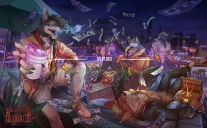 alcohol anthro beverage bottomwear chair cigar city clock clothing drugs footwear furniture group gun lights money pants ranged_weapon shirt shoes sky table teeth topwear watch weapon wine raki0v0 agonylight canid canine canis domestic_dog mammal wolf 2018 hi_res