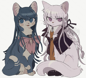 accessory blue_body blue_eyes blue_fur bow_tie clothing dipstick_tail duo female feral feralized fur gloves gloves_(marking) hair hair_accessory hair_tie hairclip handwear inner_ear_fluff long_hair looking_at_viewer markings necktie pink_bow_tie pink_hair pink_inner_ear purple_eyes simple_background sitting striped_markings striped_tail stripes studded_clothing studded_gloves studded_handwear studs tail tail_markings tuft zipper kiirono danganronpa danganronpa:_trigger_happy_havoc spike_chunsoft kyoko_kirigiri sayaka_maizono domestic_cat felid feline felis mammal 2026 colored digital_drawing_(artwork) digital_media_(artwork) shaded watermark