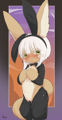 accessory alternate_costume ambiguous_anthro ambiguous_gender anthro arms_bent bangs biped black_bow_tie black_headband black_pasties bow_tie brown_body brown_ears brown_fur brown_tail clothed clothed_ambiguous clothed_anthro clothing costume embarrassed eyebrow_through_hair eyebrows eyelashes fake_ears fingers fur fur_tuft glistening glistening_eyes green_eyes hair headband horizontal_pupils index_to_index long_ears looking_aside mouth_closed multicolored_body multicolored_fur pasties pupils reverse_bunny_costume simple_background solo standing tail tan_body tan_fur tan_inner_ear text three-quarter_view translucent translucent_hair tuft two_tone_body two_tone_fur whisker_spots whiskers white_eyelashes white_hair white_sclera young young_ambiguous young_anthro nade made_in_abyss nanachi lagomorph leporid mammal narehate rabbit 2023 absurd_res artist_name digital_media_(artwork) hi_res portrait shaded soft_shading three-quarter_portrait