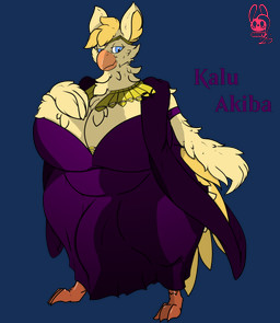 anthro biped blue_eyes breasts bulge cleavage clothed clothing curvy_figure detailed_bulge feathers fully_clothed genital_outline gynomorph intersex orange_body penis_outline slightly_chubby solo standing text voluptuous yellow_body yellow_feathers succubusbnny kalu_akiba avian bird absurd_res alpha_channel hi_res