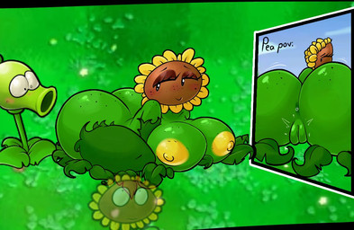 anus big_breasts big_butt blush bodily_fluids breasts butt female flower genital_fluids genitals green_body group huge_breasts huge_butt male nipples non-mammal_nipples plant smile surprised trio vaginal_fluids vulva yellow_nipples rabbit5gamer electronic_arts plants_vs._zombies popcap_games elemental_creature flora_fauna flower_creature peashooter_(pvz) sunflower_(pvz)