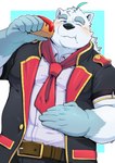 anthro black_nose blue_body blue_fur blush bottomwear clothing eating eating_food food fur kemono male pants scone shirt simple_background slightly_chubby solo topwear white_body white_fur gattatta knights_college paul_pfitzner bear mammal polar_bear ursine 2021 absurd_res hi_res