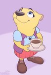 beverage blue_eyes bottomwear clothed clothing container cup dress female footwear looking_up shoes skirt solo standing tea tea_cup topwear vest animancer disney zootopia melanie_punx ground_squirrel groundhog mammal marmot rodent sciurid 2022 full-length_portrait hi_res portrait signature