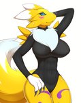 anthro black_clothing black_nose black_sclera blue_eyes breasts claws clothed clothing female finger_claws fur hand_on_head looking_at_viewer monotone_clothing ribbed_clothing simple_background solo tail white_background white_body white_ears white_fur white_tail yellow_body yellow_ears yellow_fur yellow_tail kemojin bandai_namco digimon canid digimon_(species) mammal renamon 2019 hi_res