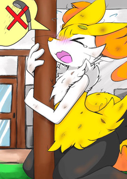 ambiguous_gender arm_tuft big_ears bodily_fluids chest_tuft dirty door eyes_closed fluffy fluffy_tail fur hip_tuft holding_object inner_ear_fluff kneeling leaf leaves_in_hair multicolored_body multicolored_fur multicolored_tail open_mouth pink_tongue pole scared scruffy semi-anthro shoulder_tuft shower_head side_view solo sweat tail tongue tuft two_tone_tail white_body white_fur eiroru nintendo pokemon braixen generation_6_pokemon pokemon_(species) 2020 digital_media_(artwork) hi_res