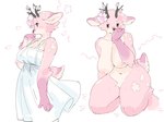 5_fingers anthro antlers big_breasts blush breasts cherry_blossom clothing crotch_tuft dress female fingers flower fur fur_markings horn markings multicolored_body multicolored_fur nipples nude pink_body pink_fur plant prunus_(flower) short_tail simple_background solo sundress tail tuft kame_3 deer mammal hi_res