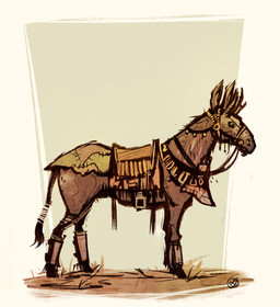 abstract_background ambiguous_gender brown_body feral hooves horn reins saddle shin_guards side_view solo standing tail leona-florianova fallout microsoft equid equine hayburner mammal english_description hi_res signature