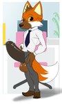 anthro balls big_penis bodily_fluids bottomwear clothed clothing erection genital_fluids genitals huge_penis hyper hyper_genitalia hyper_penis male necktie open_bottomwear open_clothing open_pants pants penis precum shirt solo topwear tsukielewds aggretsuko sanrio ookami_(aggretsuko) canid canine mammal maned_wolf 3:5 absurd_res hi_res