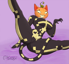 anthro bed bedding bedding_background bodysuit butt camel_toe clothing female food for_a_head fruit furniture genital_outline glowing glowing_eyes glowing_mouth humanoid_hands legs_up on_bed plant presenting presenting_hindquarters pumpkin pumpkin_head sitting sitting_on_bed skinsuit smile smiling_at_viewer solo spread_legs spreading tail tight_clothing vulva_outline morgtex epic_games fortnite fortnite:_battle_royale spice_(fortnite) elemental_creature felid feline flora_fauna hybrid mammal object_head digital_media_(artwork) hi_res