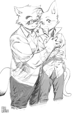 anthro bottomwear clothed clothing collared_shirt dress_shirt duo eyewear fur glasses hand_on_chest kemono male male/male pants shirt smile standing topwear aruurara morenatsu kounosuke_kuri shin_kuroi canid canine domestic_cat felid feline felis mammal raccoon_dog tanuki 2015 absurd_res hi_res monochrome sketch