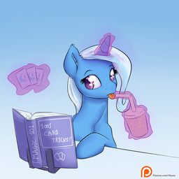 beverage blue_body blue_fur book card container cup disposable_cup female food fur glowing glowing_horn hair head_turned horn horn_magic levitating_object logo looking_aside looking_at_book looking_at_object magic multicolored_hair number open_book patreon_logo purple_eyes reading solo telekinesis text tongue tongue_out two_tone_hair website_logo alasou friendship_is_magic hasbro my_little_pony mythology patreon trixie_(mlp) equid equine mammal mythological_creature mythological_equine unicorn 1:1 2015 hi_res url