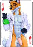 2018 abs anthro balls blue_eyes bottomless canid canine card card_template clothed clothing coat copyright_symbol digital_media_(artwork) english_text eyewear fonyaa foreskin four_of_hearts fox fur genitals glasses half-erect hearts_(suit) holding_object humanoid_genitalia humanoid_penis lab_coat looking_at_viewer male mammal muscular muscular_anthro muscular_male orange_body orange_fur orithan pecs penis playing_card playing_card_template red_fox science simple_background smile solo standing symbol teeth text topwear true_fox vial white_background white_balls white_body white_fur