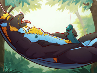 abs anthro balls beard biceps black_body black_claws black_skin blonde_beard blonde_facial_hair blonde_hair blonde_mane blue_body blue_nipples blue_penis blue_skin bodily_fluids body_hair claws cum cumshot deltoids ejaculation erection eyes_closed facial_hair forest genital_fluids genitals hair hammock hand_on_crotch hand_on_penis happy_trail humanoid_genitalia humanoid_penis lying male mane masturbation muscular muscular_male navel nipples nude_male on_back open_mouth outside pecs penis pink_tongue plant pubes solo tongue tongue_out tree triceps whisker_spots ventkazemaru mythology dragon eastern_dragon mythological_creature mythological_scalie scalie 2025 dated hi_res signature