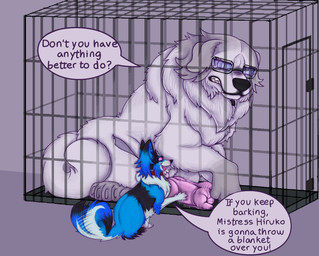 alternate_species anatomically_correct anatomically_correct_genitalia anatomically_correct_penis animal_genitalia animal_penis big_penis cage canine_genitalia canine_penis duo eyewear female feral furrification genitals glasses kennel male penis tail tail_motion tailwag text wearing_glasses toxoplasmosis_(toxoplasmatinae) the_hundred_line:_last_defense_academy darumi_amemiya eito_aotsuki canid canine canis domestic_dog great_pyrenees livestock_guardian_dog mammal molosser mountain_dog papillon pastoral_dog toy_dog english_text hi_res