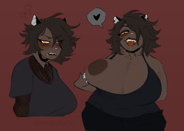 anthro big_breasts black_eyeshadow black_lipstick bodily_fluids breasts brown_body brown_fur brown_hair choker clothing ear_piercing ear_ring eyeshadow female fur hair huge_breasts jewelry lipstick looking_at_viewer makeup necklace one_breast_out piercing ring_piercing saliva shirt slightly_chubby slightly_chubby_anthro slightly_chubby_female solo tank_top tongue tongue_out topwear wide_hips mythiilewdii paige_(mythiilewdii) american_opossum mammal marsupial hi_res