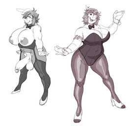 anthro areola armwear balls bangs big_breasts biped bottomwear bow_tie breasts clothed clothed_anthro clothing erection facial_horn fake_ears fake_rabbit_ears footwear genitals gynomorph hair horn huge_breasts humanoid_genitalia humanoid_penis intersex legwear looking_at_viewer navel nipples nose_horn penis plantigrade pose rear_view short_hair simple_background smile solo standing topwear white_background wide_stance analon_(artist) rhinolon_(analon) mammal rhinoceros digital_drawing_(artwork) digital_media_(artwork) full-length_portrait greyscale monochrome multiple_images portrait shaded simple_shading