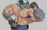 abs anthro arm_hair armpit_hair black_hair black_sclera blue_bottomwear blue_clothing blue_eyes blue_horn body_hair bottomwear bulge chest_hair chest_scar clothing facial_scar fingerless_gloves flexing flexing_bicep forearm_muscles fur genitals gloves grey_body grey_fur hair handwear happy_trail high-angle_view horn legwear looking_at_viewer male nipples pecs penis penis_base scar serratus solo tights triceps vein veiny_muscles veiny_penis x_scar ashendawger final_fantasy square_enix nax_(behehonax) behemoth_(final_fantasy) 2024 absurd_res hi_res