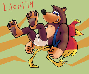ambiguous_gender anthro backpack barefoot black_nose blue_eyes briefs briefs_only brown_body brown_fur brown_pawpads clothed clothing detailed_background duo feathers feet fur green_background group jewelry male necklace open_mouth pawpads red_body red_feathers simple_background teeth_showing text tighty_whities topless underwear underwear_only white_briefs white_clothing white_underwear yellow_body yellow_feathers redo_(artist) banjo-kazooie rareware banjo_(banjo-kazooie) kazooie avian bear bird mammal 2019 absurd_res hi_res female_(lore)