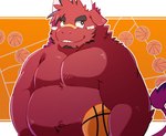 anthro ball basketball_(ball) belly big_belly biped kemono male overweight overweight_male red_body solo green_bell bovid bovine cattle mammal 2022 hi_res