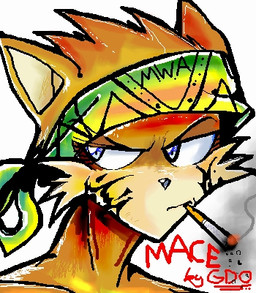 anthro cigarette facial_tattoo frown fur kerchief looking_away looking_sideways male orange_body orange_fur orange_skin purple_eyes scowl simple_background smoking solo tattoo text white_background gunner_double_one mace_(eric) bust_portrait character_name digital_media_(artwork) low_res oekaki portrait signature source_request