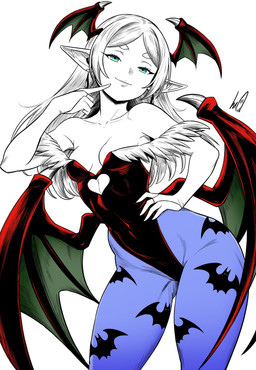 breasts clothing collarbone cosplay ear_piercing eyebrows eyelashes female green_eyes hand_on_hip head_wings humanoid_pointy_ears legwear leotard membrane_(anatomy) membranous_wings not_furry pantyhose piercing pointy_ears small_breasts smile solo unusual_wing_placement wings lughostin capcom darkstalkers frieren_beyond_journey's_end frieren lilith_aensland humanoid absurd_res hi_res