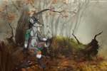 anthro autumn big_ears black_body black_fur black_hair black_nose detailed_background forest forest_background fur genitals grass green_body green_fur grey_body grey_fur hair hand_on_knee hand_on_leg inner_ear_fluff male multicolored_body multicolored_fur nature nature_background navel neck_tuft orange_body orange_fur penis pink_penis plant short_hair sitting solo tree tuft white_body white_fur white_inner_ear white_inner_ear_fluff yellow_eyes deodrac gronnulv canid canine fox mammal 3:2