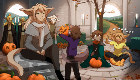 aged_down ambiguous_gender annoyed anthro armor autumn brown_body brown_fur clothed clothing cross-popping_vein detailed_background digitigrade dual_holding eyes_closed eyewear female fur gate glare glasses grin group grumpy headgear helmet holding_knife holding_object holidays iconography jack-o'-lantern knife larger_female laugh male outside pauldron plant scarf size_difference smaller_ambiguous smaller_female smaller_male smile tail tail_motion tailwag tree vocalization young young_anthro conditional_dnp tom_fischbach halloween twokinds albion_alabaster general_alabaster king_adelaide madelyn_adelaide natani zen_(twokinds) basitin canid canine canis keidran mammal wolf 2021 7:4 adobe_photoshop_(artwork) colored digital_media_(artwork) hi_res trans_(lore) trans_man_(lore)