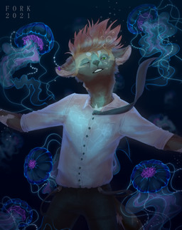 accessory anthro asphyxiation bubble clothing dark drowning hair male necktie orange_hair sea shirt solo topwear water white_clothing white_shirt white_topwear young cielofork yanxu african_wild_dog aquatic canid canine cnidarian jellyfish lycaon_pictus mammal medusozoan absurd_res hi_res