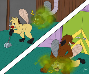 brown_body brown_fur buckteeth butt duo facesitting fart fart_cloud fart_fetish farting_on_another farting_on_face fur gas green_fart_cloud leaning lever male revenge robot_arm shocked sitting_on_another smile split_screen stinkface teeth text doggettdouglasmcdog nickelodeon the_angry_beavers daggett_beaver norbert_beaver beaver mammal rodent 6:5 absurd_res hi_res brother_(lore) sibling_(lore)