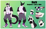 anthro black_body black_fur border bottomwear clothing footwear fur furgonomics hair male pawpads purple_eyes purple_hair shoes shorts sleeveless_hoodie solo white_body white_border white_fur churrosolixoso dark_(dark) kangaroo macropod mammal marsupial 2024 hi_res model_sheet