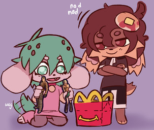 anthro big_ears blush blush_lines bottomwear brown_eyes brown_hair candy cheek_tuft chocolate chocolate_chips clothed clothing collar dessert dress duo facial_tuft feet female fluffy fluffy_tail food fur gesture grass grass_field green_hair green_tail hair hand_gesture kneeling male nodding paws plant playing shirt simple_background skirt standing tail tail_motion tailwag topwear toy tuft marpystar capcom happy_meal mcdonald's resident_evil ashley_graham leon_kennedy strawby_(marpystar) toffee_(toffeebun) canid canine canis domestic_dog hybrid lagomorph leporid mammal rabbit hi_res trans_(lore)