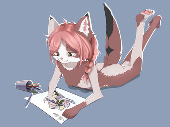 4_toes 5_fingers :3 adolescent adolescent_anthro anthro arm_support arm_tuft army_uniform biped black_body black_claws black_ear_tips black_fur black_markings black_tail black_tail_tip blue_background braided_hair braided_pigtails breasts brown_body brown_eyebrows brown_fur brown_tail butt calves_up casual_nudity claws closed_smile clothing collar colored_pencil_(object) countershade_face countershade_neck countershading creating_art crossed_legs daww dipstick_ears dipstick_tail drawing_(action) ear_markings elbow_tuft eye_through_hair eyebrow_through_hair eyebrows eyelashes featureless_breasts feet female female_adolescent female_anthro fingers fishnet_clothing fishnet_legwear fluffy forward_arm_support fur fur_tuft glistening glistening_eyes green_eyes grey_body grey_butt grey_fur grey_tuft hair high-angle_view hindpaw holding_object holding_pencil humanoid_hands inner_ear_fluff iris legwear looking_down lying male male/male markings monotone_background monotone_hair mouth_closed multicolored_body multicolored_ears multicolored_fur multicolored_tail nude nude_anthro nude_female on_front outline pawpads paws pencil_(object) pigtails pink_hair pink_inner_ear pink_nose pink_pawpads plantigrade plantigrade_pawpads predator/prey pupils raised_tail simple_background sitting slim slim_anthro slim_female small_breasts smile smirk solo tail tail_markings the_pose thin_thighs three-quarter_view toe_claws toes translucent translucent_hair tuft twin_braids two_tone_tail wariza when_you_see_it white_body white_countershading white_face white_fur white_inner_ear_fluff white_outline white_tuft young young_anthro young_female lialone kate_(lialone) domestic_cat felid feline felis mammal 4:3 absurd_res colored full-length_portrait hi_res picture_in_picture portrait