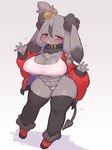 anthro biped black_body black_fur blush breasts clothed clothing female fur heart_symbol open_mouth red_eyes simple_background solo rikose lagomorph leporid mammal rabbit