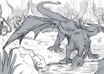 claws clothed clothing comic detailed_background dragon drinking duo eragon_(character) female feral forest greyscale horn humanoid humanoid_pointy_ears inheritance_cycle lake male mammal membrane_(anatomy) membranous_wings monochrome mythological_creature mythological_scalie mythology outside plant river rock saphira scalie sketch spines syrinoth tail tree water wings